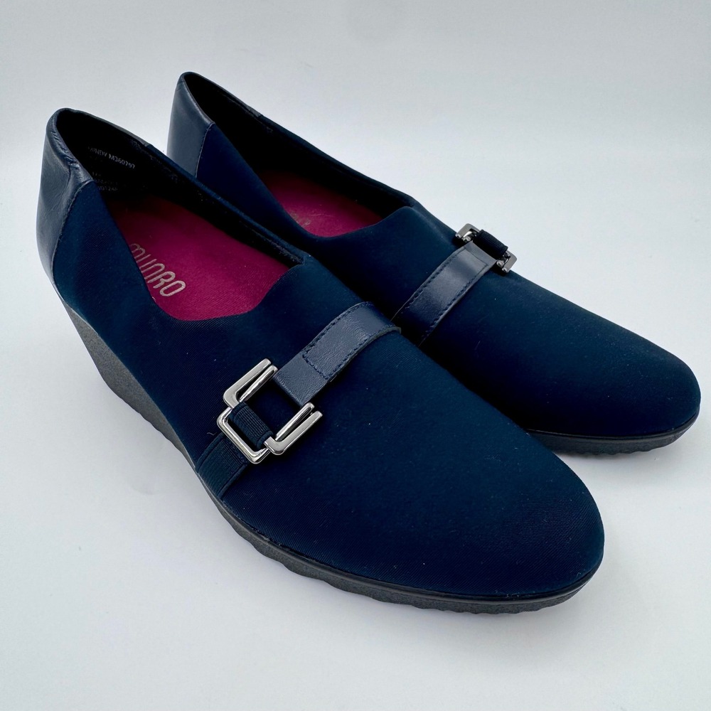 Mindy Navy 10N‎ Blue Stretch Fabric Leather Wedge Loafers Buckle Shoes